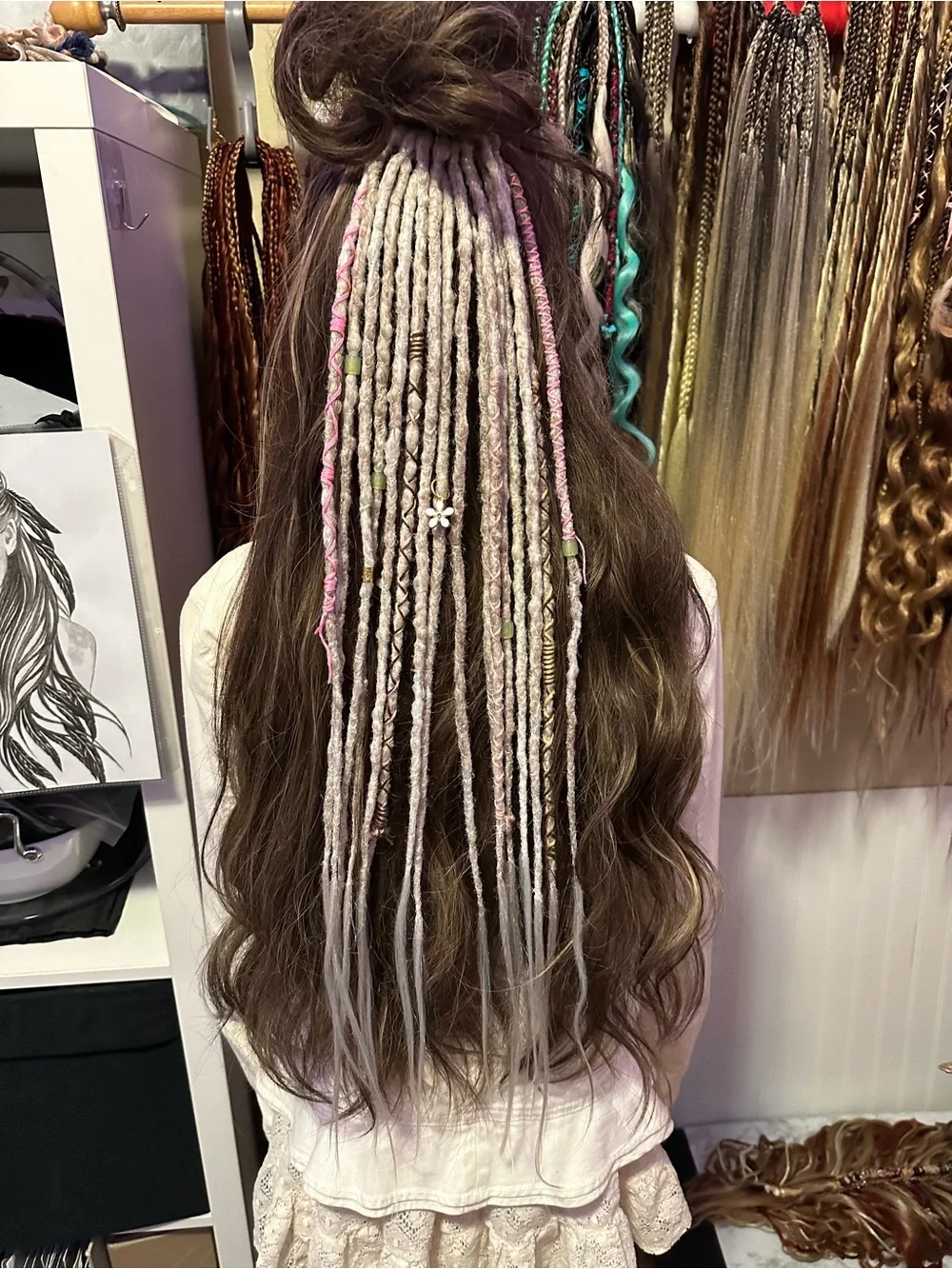 Boho Gray & Pink Synthetic Dreadlock Hair Wraps with Bead Accents